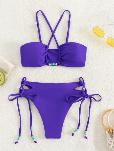 Seksi bikini set visokog struka, ženski 2023, jednobojni narančasti, izdubljeni biseri, Push Up mikro kupaći kostim, ljetni kupaći kostim, kupaći kostim na vezanje