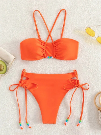 Seksi bikini set visokog struka, ženski 2023, jednobojni narančasti, izdubljeni biseri, Push Up mikro kupaći kostim, ljetni kupaći kostim, kupaći kostim na vezanje
