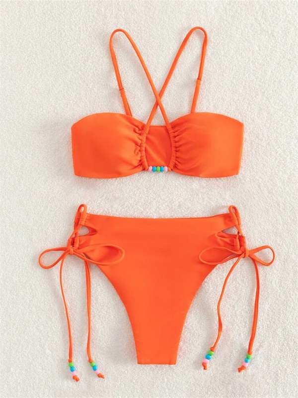 Seksi bikini set visokog struka, ženski 2023, jednobojni narančasti, izdubljeni biseri, Push Up mikro kupaći kostim, ljetni kupaći kostim, kupaći kostim na vezanje