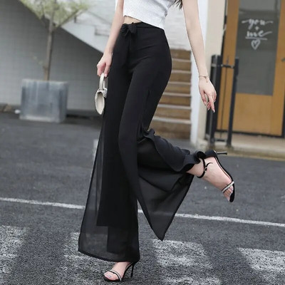 Pantaloni de damă Flare, șifon de mătase, satin, cu volan, îmbrăcăminte din plasă, din tul transparent, pantaloni pentru femei, mărime unică, vara anilor 90 G Xxl