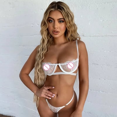 Εξαιρετικό σέξι φλοράλ σετ εσωρούχων Δαντέλα Διαφανές Σετ σουτιέν Push-up Σουτιέν στρινγκ καλτσοδέτα ζώνη 3 τμχ Σέξι εσώρουχα σετ εσωρούχων