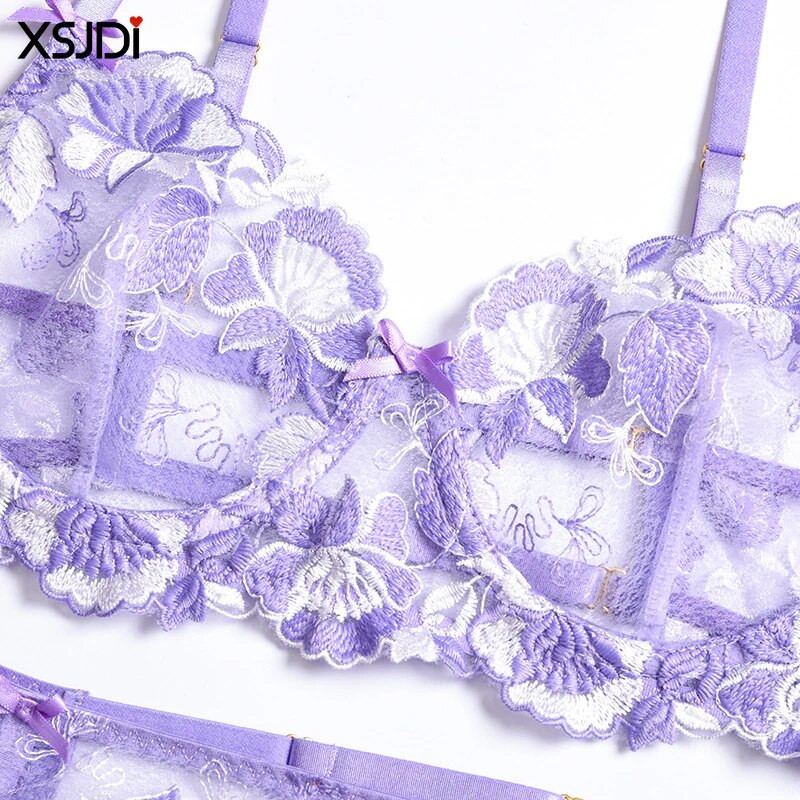 Εξαιρετικό σέξι φλοράλ σετ εσωρούχων Δαντέλα Διαφανές Σετ σουτιέν Push-up Σουτιέν στρινγκ καλτσοδέτα ζώνη 3 τμχ Σέξι εσώρουχα σετ εσωρούχων