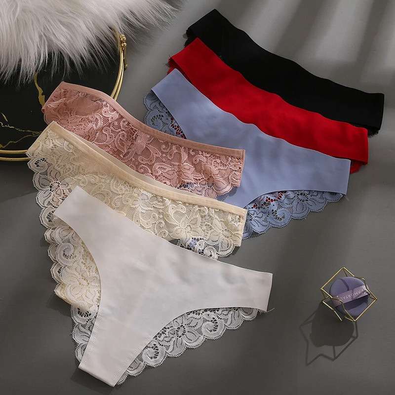 Seksualios nėriniuotos moteriškos kelnaitės permatomos besiūlės moteriškos apatinės kelnaitės žemu juosmeniu elastingos kelnaitės moterims Ledinio šilko minkštas apatinis trikotažas