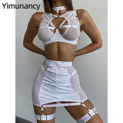 Yimunancy Мрежест комплект бельо от 5 части Черен/червен Комплект бельо с окачване Готически секси моден комплект Спално облекло