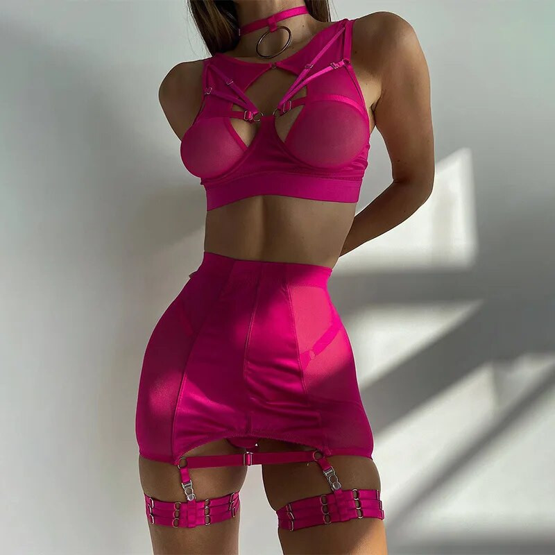 Yimunancy 5 részes hálós fehérnemű szett fekete/piros Choker fehérnemű szett gótikus szexi díszes hálóruha