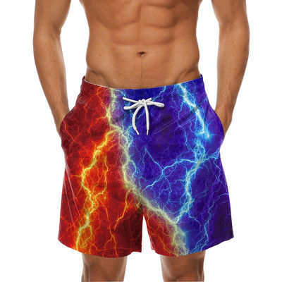 Мъжки къси панталони, модни цветни контрастни 3d дигитален печат, бански гащета с шнур, шорти с двоен джоб, бански костюми за плажна почивка