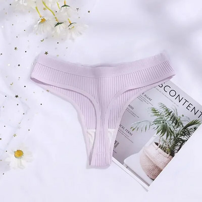 Chiloți cu șnur din bumbac Chiloți sexy pentru femei, fără sudură, cu nervuri în formă de T, Tanga de damă, Culoare uni, Slip bikini cu talie joasă M-XXL
