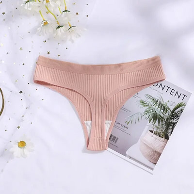 Chiloți cu șnur din bumbac Chiloți sexy pentru femei, fără sudură, cu nervuri în formă de T, Tanga de damă, Culoare uni, Slip bikini cu talie joasă M-XXL