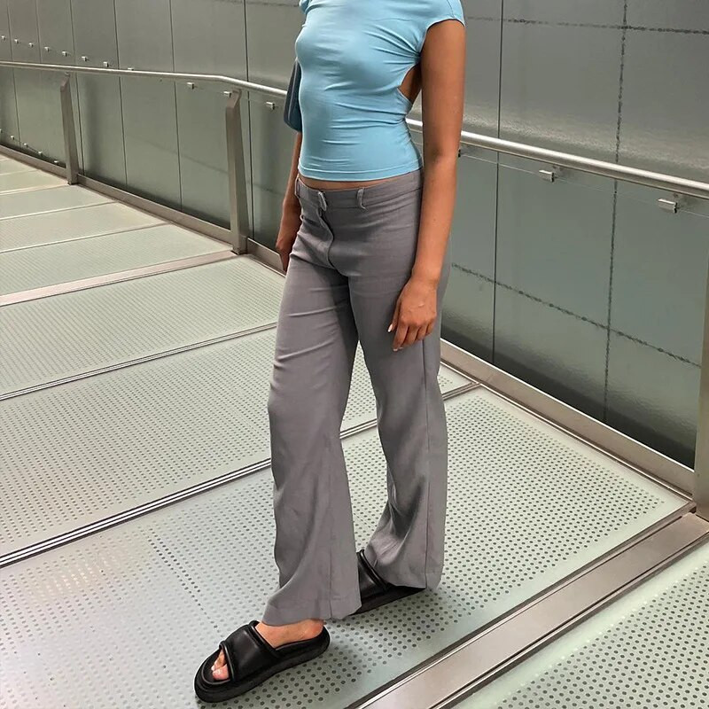 Ulična odjeća Ležerne ravne crne hlače širokih nogavica Ženske Y2K hlače niskog struka Ženske retro jednobojne uske ženske hlače Pantalon 20466