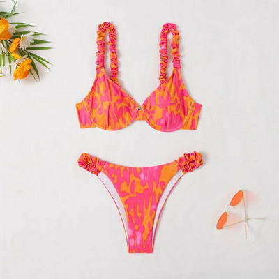 2023 Print Kétrészes női fürdőruha Szexi Underwire V-nyakú bikini, redős függő, hát nélküli fürdőruha alacsony derékú fürdőruha