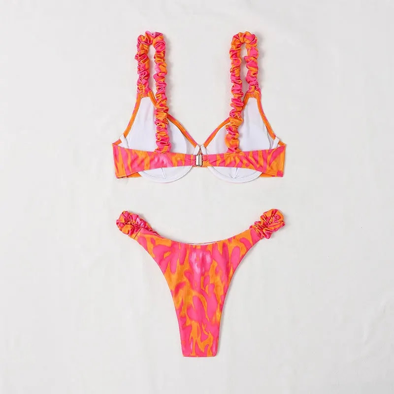 2023 Print Kétrészes női fürdőruha Szexi Underwire V-nyakú bikini, redős függő, hát nélküli fürdőruha alacsony derékú fürdőruha