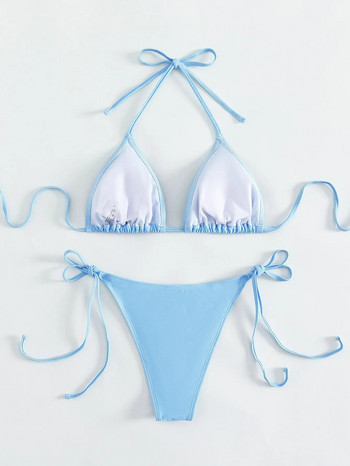 2023 Γυναικείο πολυτελές μαγιό στρας μπλε 2 τεμαχίων μπικίνι σετ σέξι ζαρτιέρες με κορδόνι με λαιμόκοψη, καλοκαιρινά ρούχα παραλίας