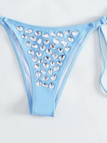 2023 Γυναικείο πολυτελές μαγιό στρας μπλε 2 τεμαχίων μπικίνι σετ σέξι ζαρτιέρες με κορδόνι με λαιμόκοψη, καλοκαιρινά ρούχα παραλίας