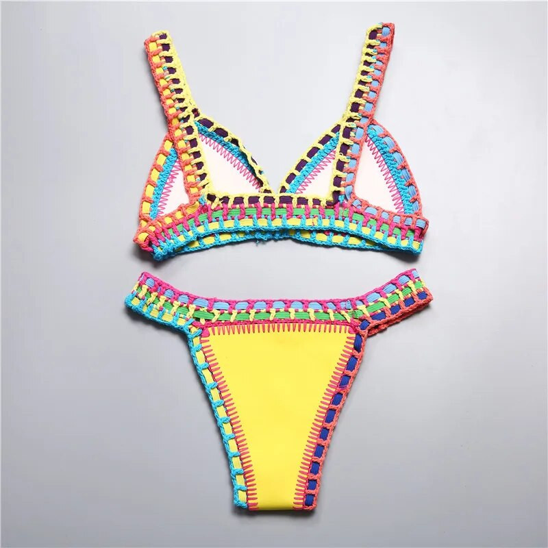 Bikini croșetat 2022, tricot manual, mozaic, reversibil, 2 piese, costum de baie brazilian, costum de baie, 2 piese