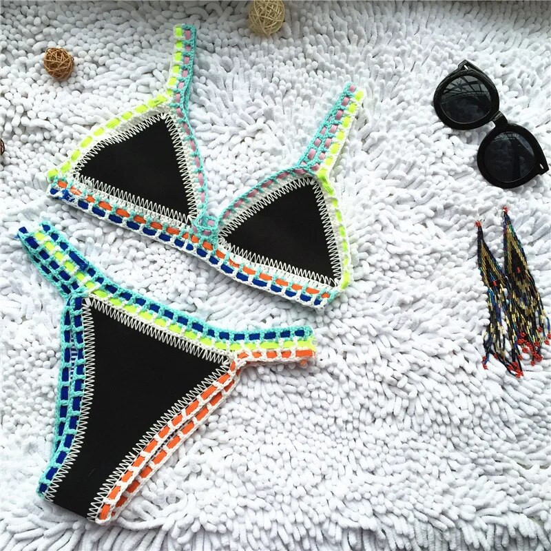Bikini croșetat 2022, tricot manual, mozaic, reversibil, 2 piese, costum de baie brazilian, costum de baie, 2 piese