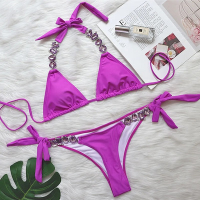 Πολυτελές μπικίνι στρας 2023 Γυναικείες σέξι επίδεσμοι με διαμάντια Push Up Bra Thong Μαγιό Αλυσίδα μαγιό παραλίας Μπικίνι