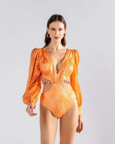 2024 Νέο σέξι γυναικείο μαγιό με V λαιμόκοψη μακρυμάνικο γυναικείο μαγιό Γυναικείο μαγιό Monokini με κούφιο άνοιγμα