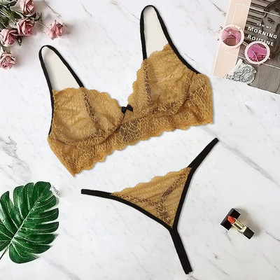 Ținută de lenjerie sexy pentru femei Lenjerie de dantelă Lenjerie de corp fără sârmă Sutien cu fundă sexy subțire, ușoară, sexy, tanga, șiruri