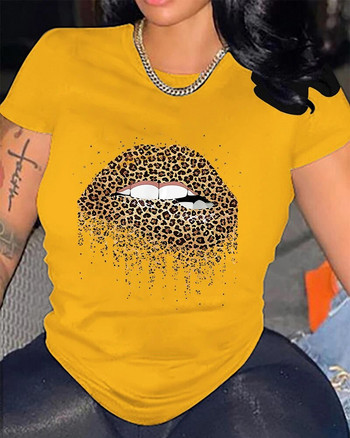 Големи размери Тениска с леопардови устни, тениска с кръгло деколте с къс ръкав за Свети Валентин, ежедневни горнища, дамско облекло