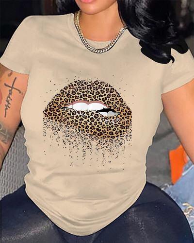 Majica velikih veličina s leopard usnama, majice kratkih rukava s okruglim izrezom za Valentinovo, ležerne svakodnevne majice, ženska odjeća