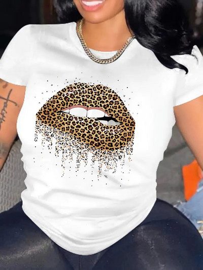 Majica velikih veličina s leopard usnama, majice kratkih rukava s okruglim izrezom za Valentinovo, ležerne svakodnevne majice, ženska odjeća