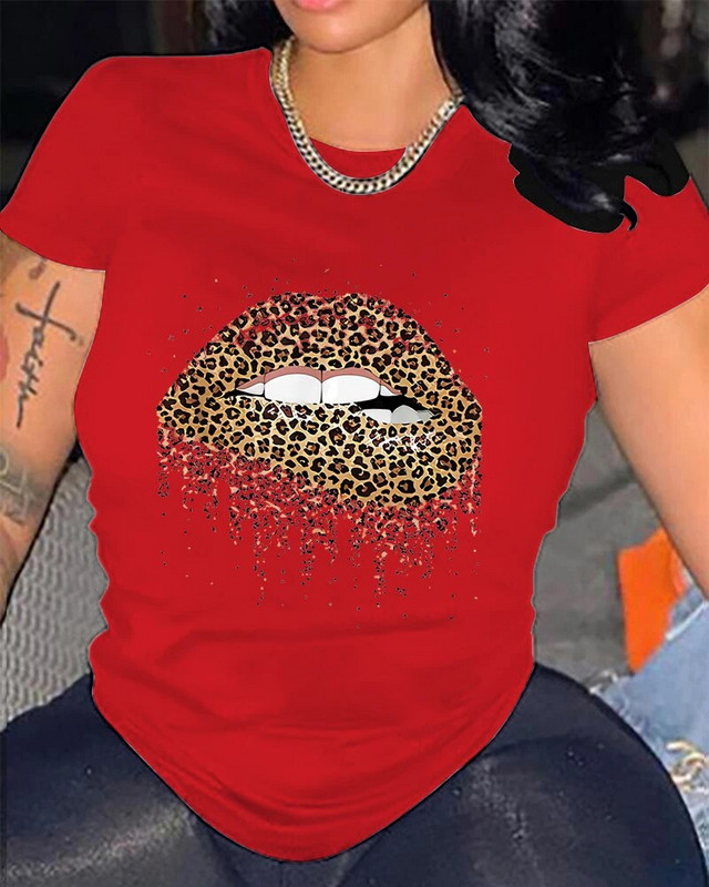 Majica velikih veličina s leopard usnama, majice kratkih rukava s okruglim izrezom za Valentinovo, ležerne svakodnevne majice, ženska odjeća