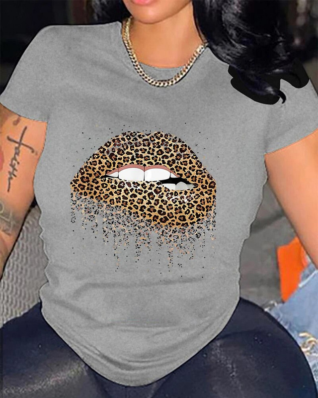 Majica velikih veličina s leopard usnama, majice kratkih rukava s okruglim izrezom za Valentinovo, ležerne svakodnevne majice, ženska odjeća