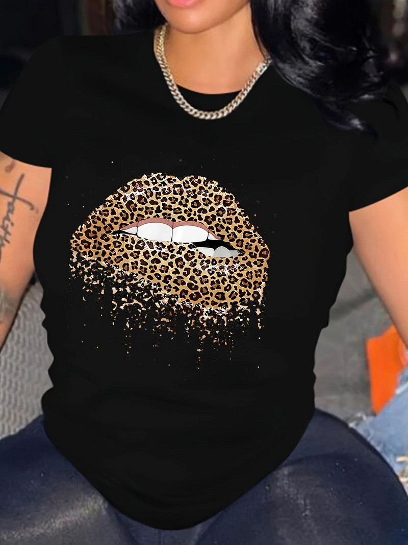 Majica velikih veličina s leopard usnama, majice kratkih rukava s okruglim izrezom za Valentinovo, ležerne svakodnevne majice, ženska odjeća