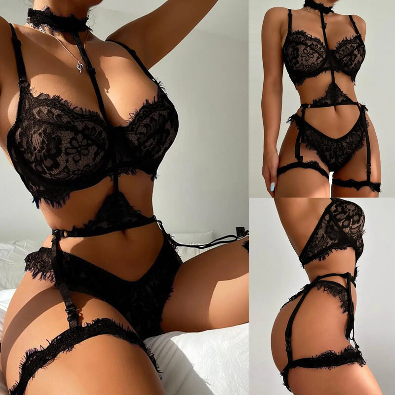 Seksi donje rublje Ženske gaćice s čipkastim push up grudnjakom i donje rublje s podvezicama Pidžame Egzotično vruće gaćice s porno donjim rubljem