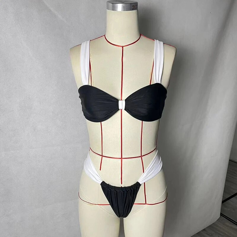 BEACHCICI női bikini kétrészes nyári szexi kontrasztos színű, redős pántlik magas derekú tanga nyaralás tengerparti fürdőruha