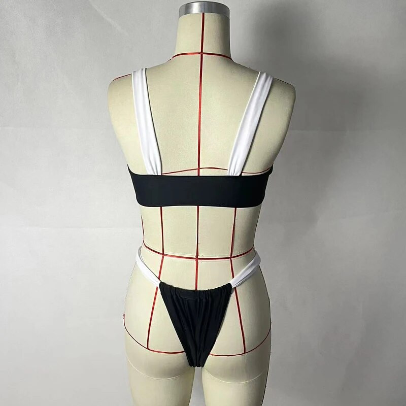 BEACHCICI női bikini kétrészes nyári szexi kontrasztos színű, redős pántlik magas derekú tanga nyaralás tengerparti fürdőruha