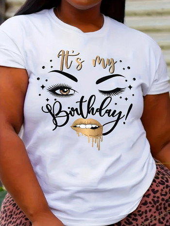 Тениска с пуловер с къс ръкав и щампа с лице и букви с голям размер, дамско плюс високо разтегливо ежедневно облекло с кръгло деколте