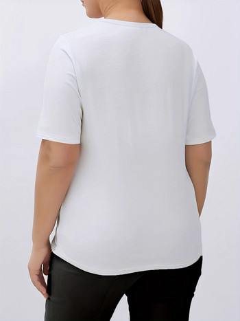 Тениска с пуловер с къс ръкав и щампа с лице и букви с голям размер, дамско плюс високо разтегливо ежедневно облекло с кръгло деколте