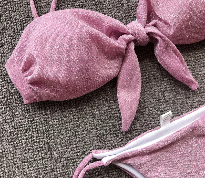 Trobojni seksi bikini ženski kupaći kostim od jednobojne svjetlucave tkanine Kupaći kostim Ženski bikini za plažu Kupaći kostim Biquinis Feminino