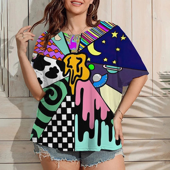 Дамска тениска с големи размери 2023 г. Забавни щампи на графити Дамско облекло Модно лятно горнище с къс ръкав Ежедневна тениска с О-образно деколте Дамски пуловер