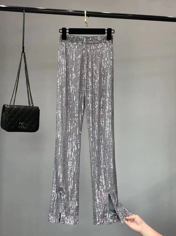 Y2k παντελόνι Γυναικείο ελαστικό παγιέτες μέσης με κοψίματα Φαρδύ παντελόνι στο πόδι γυαλιστερό σε όλο το μήκος ίσιο γυναικείο High Street 2023 Νέο