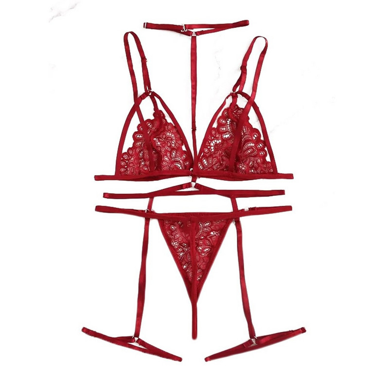 Moteriškas apatinis trikotažas Seksualus apatinis trikotažas moterims Išdykęs V formos kaklo liemenėlė + dirželiai + keliaraištis apatinio trikotažo komplektas Apatiniai drabužiai S-2xl Lenceria Femenina
