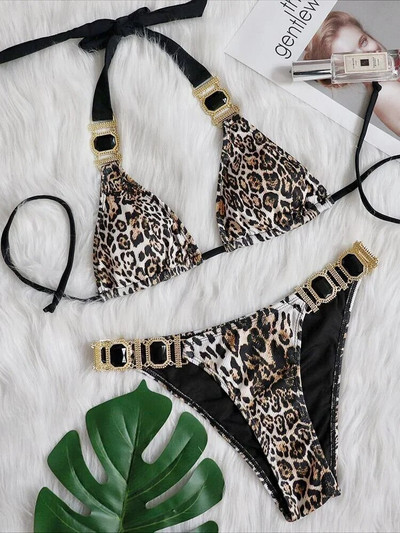 Seksi leopard print halter Crystal Diamond Bikini Ženski kupaći kostim Ženski kupaći kostim Dvodijelni bikini komplet Brazilski kupaći kostim za plivanje