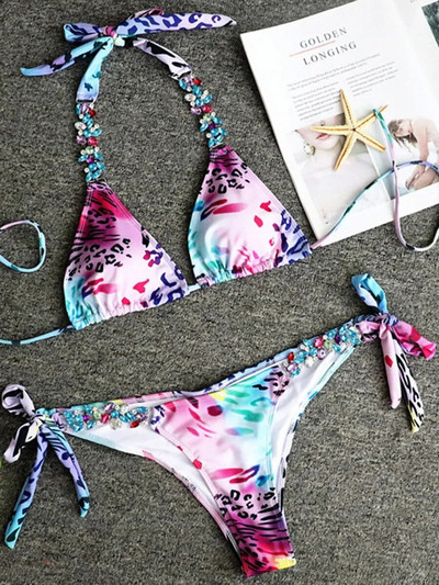 Seksi leopard print halter Crystal Diamond Bikini Ženski kupaći kostim Ženski kupaći kostim Dvodijelni bikini komplet Brazilski kupaći kostim za plivanje