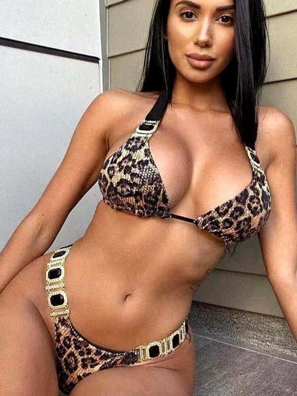 Seksi leopard print halter Crystal Diamond Bikini Ženski kupaći kostim Ženski kupaći kostim Dvodijelni bikini komplet Brazilski kupaći kostim za plivanje