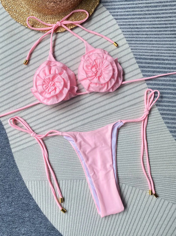 Секси 3D бикини с превръзка на цветя за жени 2023 г. Нови комплекти бикини с връзки с халтер Дамски бански костюми Розово-бели