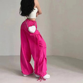 Pantaloni cargo roz, vara 2024, pantaloni de sport supradimensionați, cu șireturi, panglică, pantaloni capris șic, ocazional, pantaloni noi de femei
