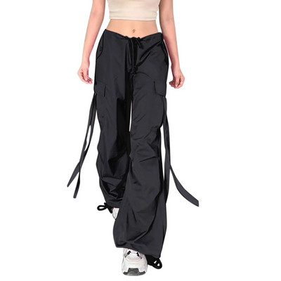 Pantaloni cargo roz, vara 2024, pantaloni de sport supradimensionați, cu șireturi, panglică, pantaloni capris șic, ocazional, pantaloni noi de femei
