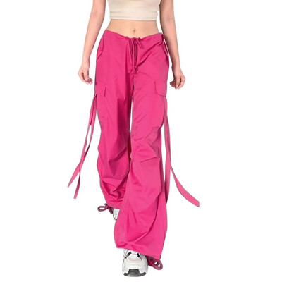 Pantaloni cargo roz, vara 2024, pantaloni de sport supradimensionați, cu șireturi, panglică, pantaloni capris șic, ocazional, pantaloni noi de femei