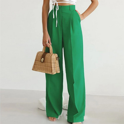 2023 Пролетни дамски зелени панталони с широки крачоли с висока талия Дамски панталони с костюми Свободни ежедневни дълги панталони