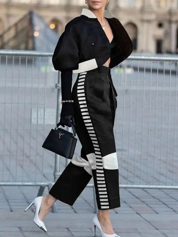 Freeacy 2023 Φθινόπωρο νέο παντελόνι με ρίγες για γυναίκες Ψηλόμεση κορεατική μόδα Παντελόνι κομμένο με χρωματική αντίθεση Commuter