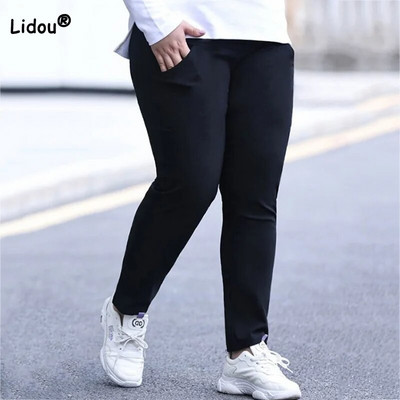 Черни универсални панталони с шнур и еластична талия Летни тънки ежедневни джобове Плюс размер дрехи Дамски прави панталони 8XL