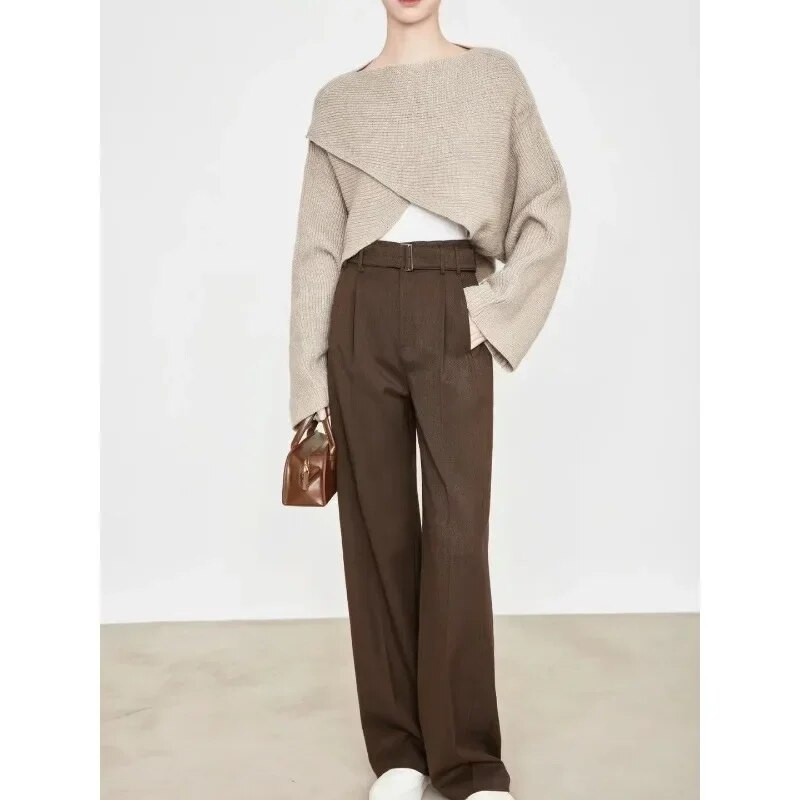 Deeptown Elegáns Klasszikus Öltöny Nadrág Női Barna Régi Pénz Vintage Hivatalos Női Bő koreai Divat Nadrág Téli