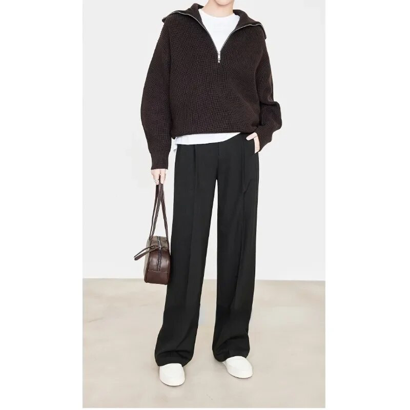 Deeptown Elegáns Klasszikus Öltöny Nadrág Női Barna Régi Pénz Vintage Hivatalos Női Bő koreai Divat Nadrág Téli