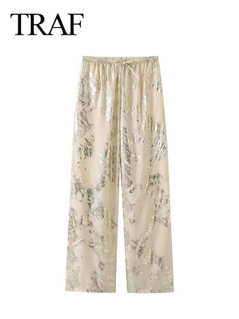TRAF 2023 Есенни дамски панталони Дамски модни широки панталони Дамски Y2K метални панталони с щампа Завързани прави дамски панталони Streetwear